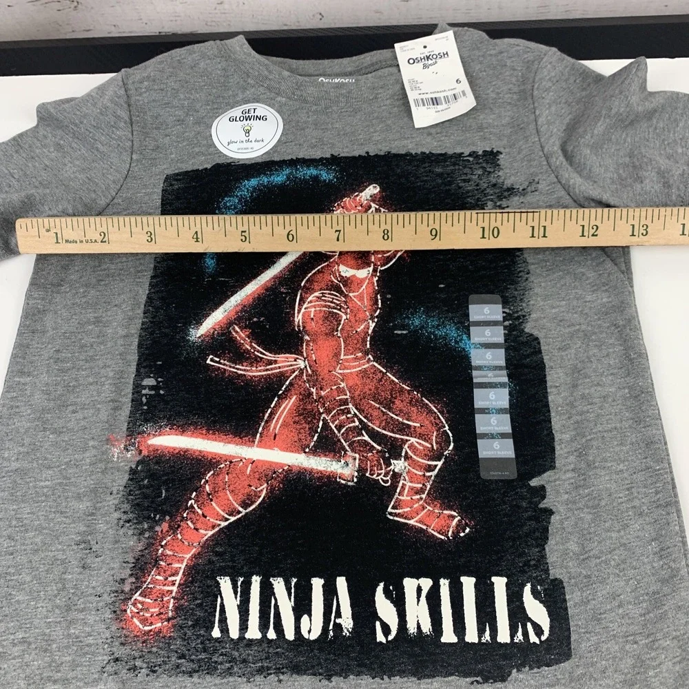 Oshkosh Boys Ninja S/S Glow in the Dark Tee T Shirt Gray 🆕 [Boy's Size 6] NWT‎